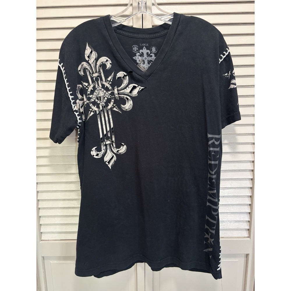 Raw State Distressed Graphic Short Sleeve T-Shirt Size L Cross Velvet Wings